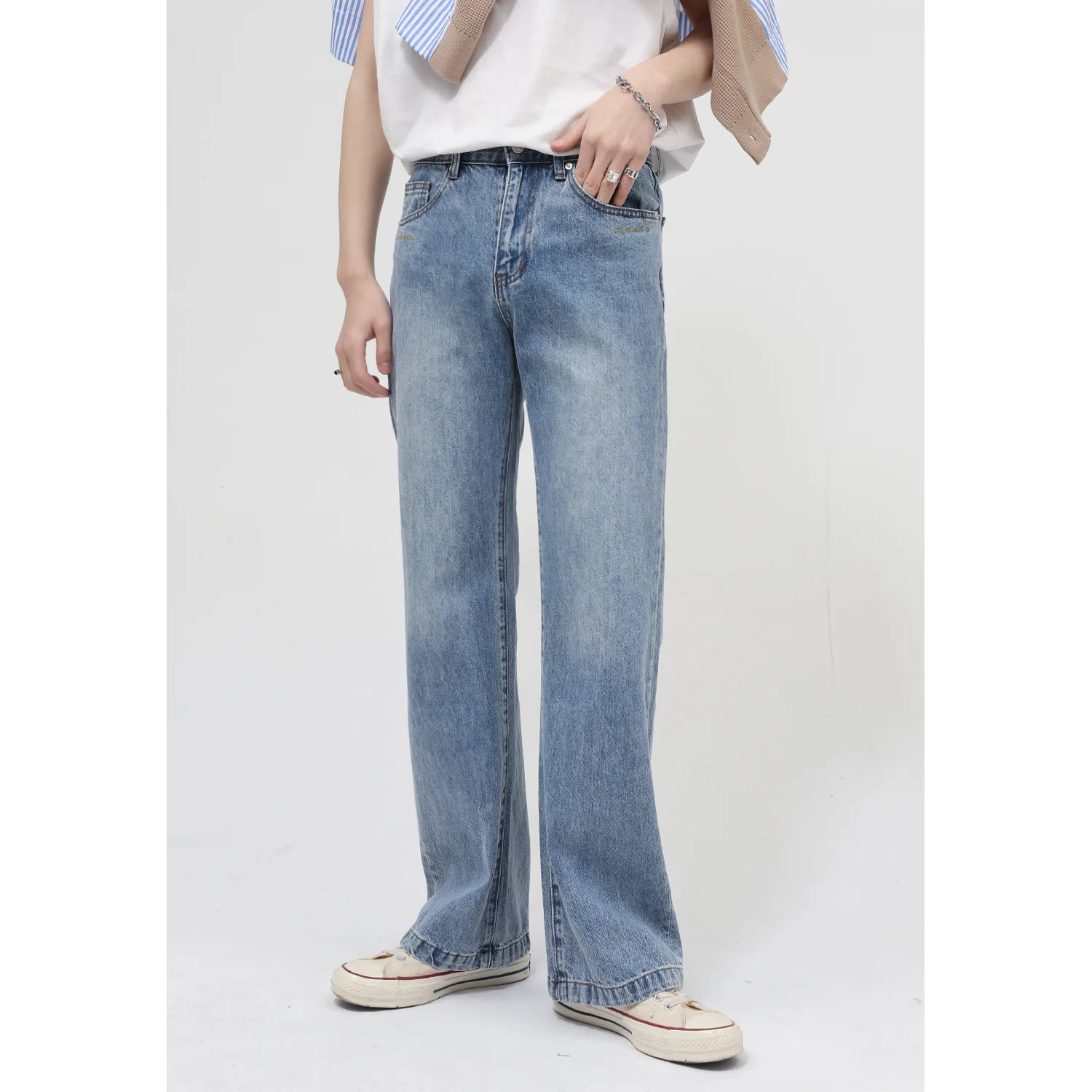 Spring and Autumn Trousers Loose Solid Color Wash Water Waist Micro Flared Jeans Men's Popular Streetwear Ins Hot Sale Softener