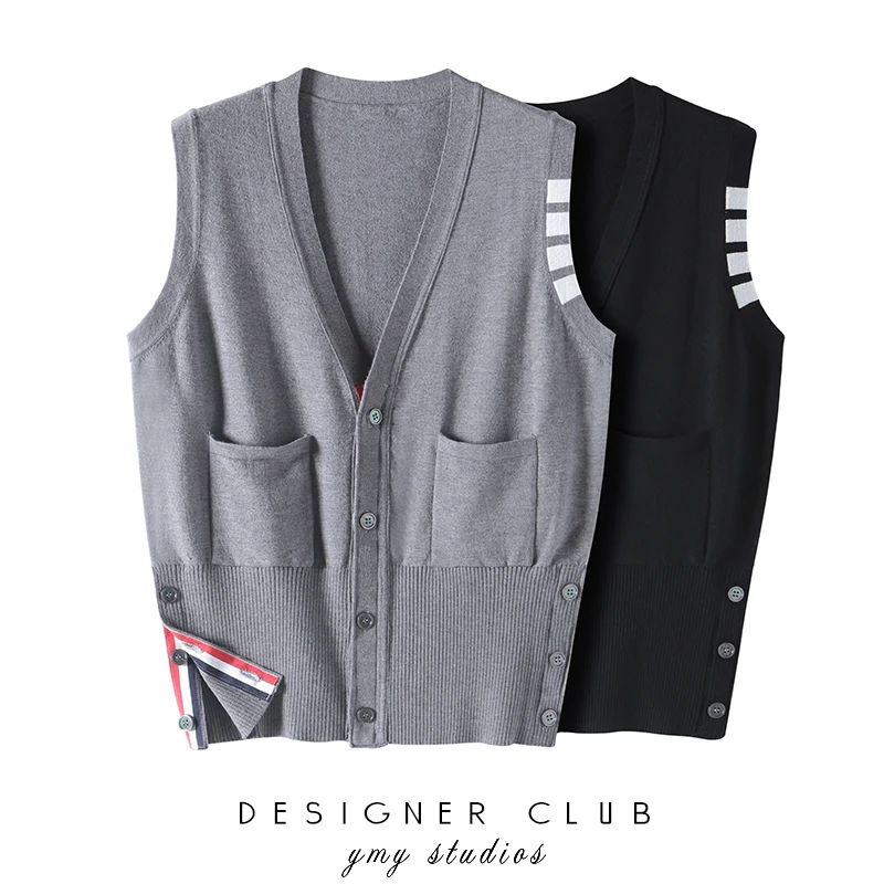 

Net red tb knitted vest women's new sleeveless V-neck sweater cardigan college style waistcoat outside wearing vest top tide