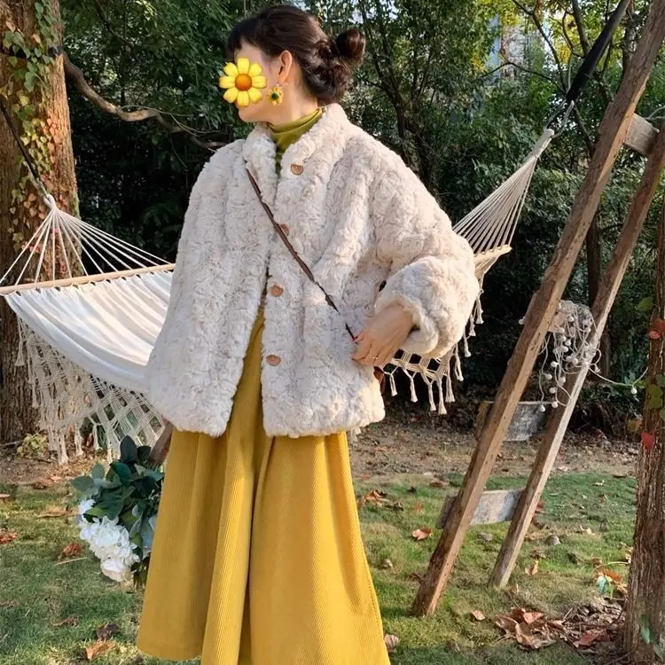 Faux Fur Coat Women's Winter Short Thickened Apricot Plush Coat Fur Sweet Cute Girl Winter Tendy Fur Clothes  Fluffy Jacket