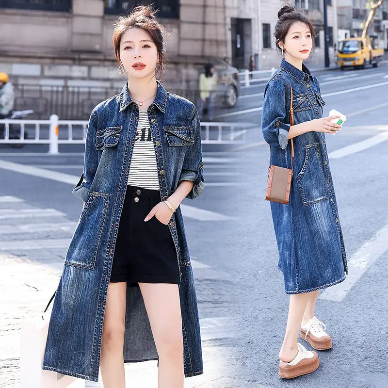 

2022 Spring High Waisted Denim Shirt Dress Women's Casual Korean Trench Coat Long Sleeve Single Breasted Trendy Windbreaker H169