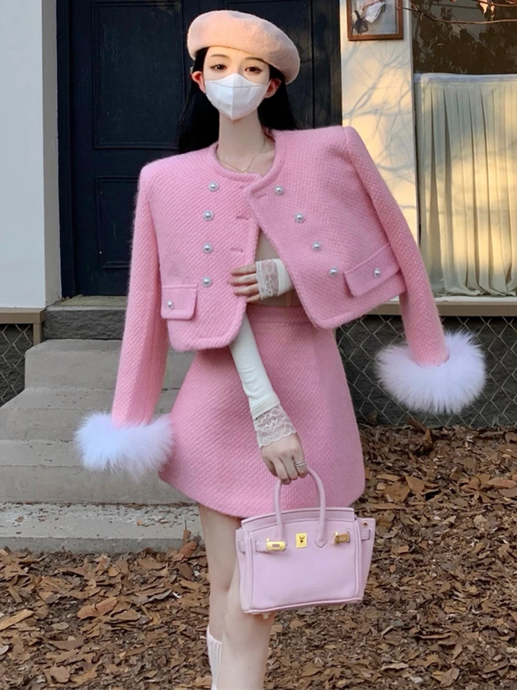 

High Quality Fall Winter Small Fragrant Two Piece Set Women Short Jacket Coat + Skirt Suits Korean Sweet Fashion 2 Piece Outfits