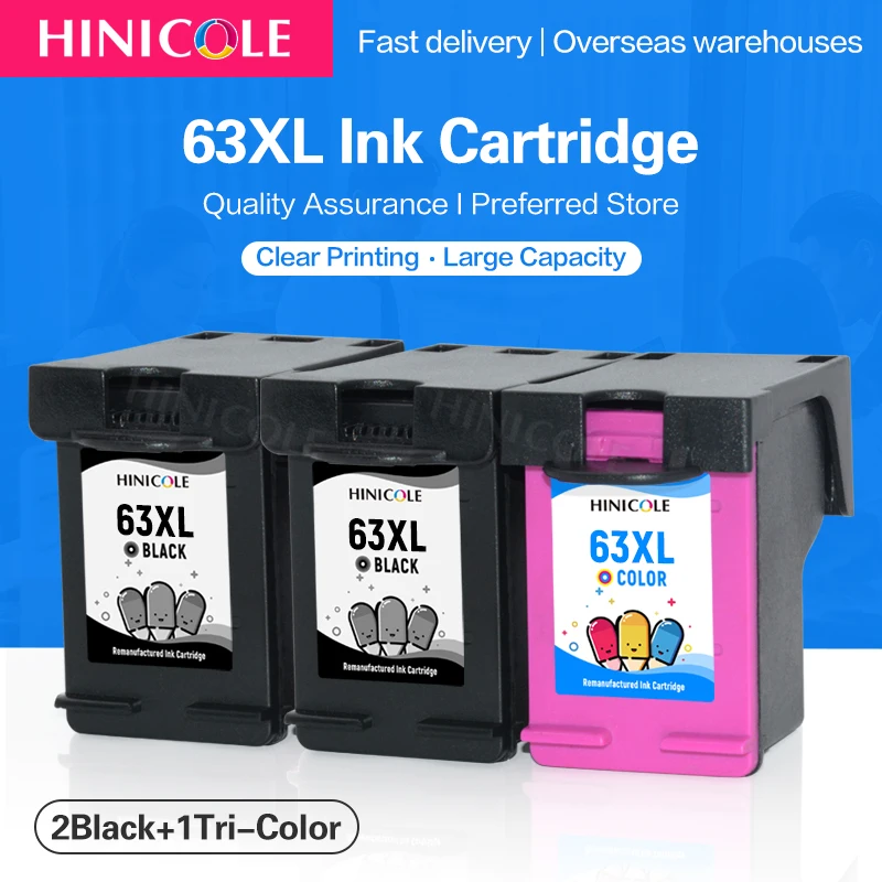 

HINICOLE 3x 63 Remanufactured Ink Cartridge For HP 63XL For HP Deskjet 2138 3630 3631 3632 3633 3634 3636 3637 3638 3639 Printer