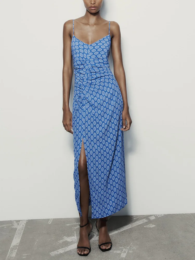 

Summer Slip Dresses Woman V Neck Gathered Detail Vintage Floral Print Dress Spaghetti Strap Sleeveless Front Slit Hem Midi Dress