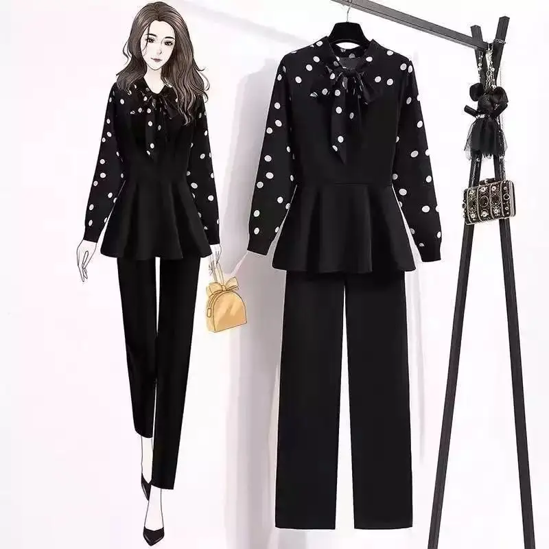 

Suit Pants Suit Women's 2022 Spring Autumn New Fashion High-Waist Polka-Dot Blouse Straight Leg Casual Pants Two-Piece Suit
