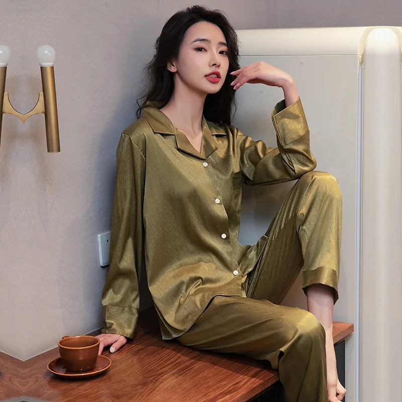 

2023 New Pijama Mujer Women's Spring Summer Sleepwear Pajama Silk Satin Long-Sleeved Trousers Home Service Suit пижама женская