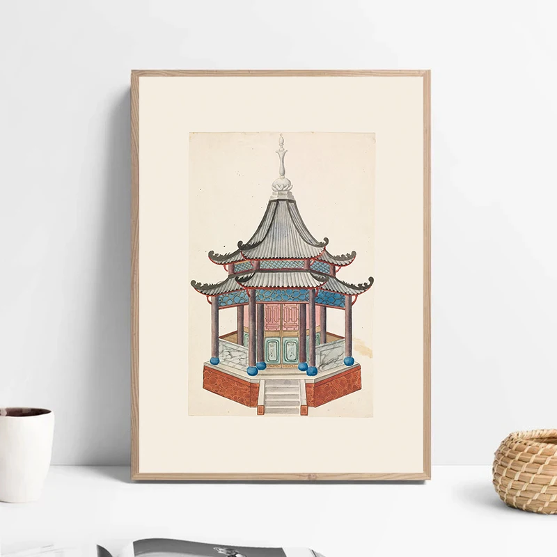 Китайская пагода акварельная картина на холсте