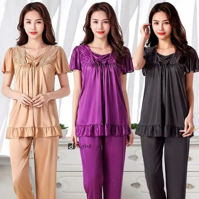 Women Home Clothing Big Nightshirt Shorts Summer Satin Silk Trousers Suit Women Middle-aged Lace Large 5XL Pajamas Bedroom Set