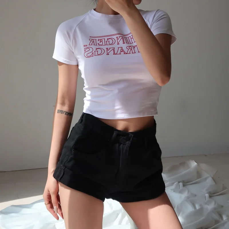 

Women's T-shirt European American Alphabet Short Sleeve T-Shirt Short High Waist Cropped Tops 2023 Summer New Tops