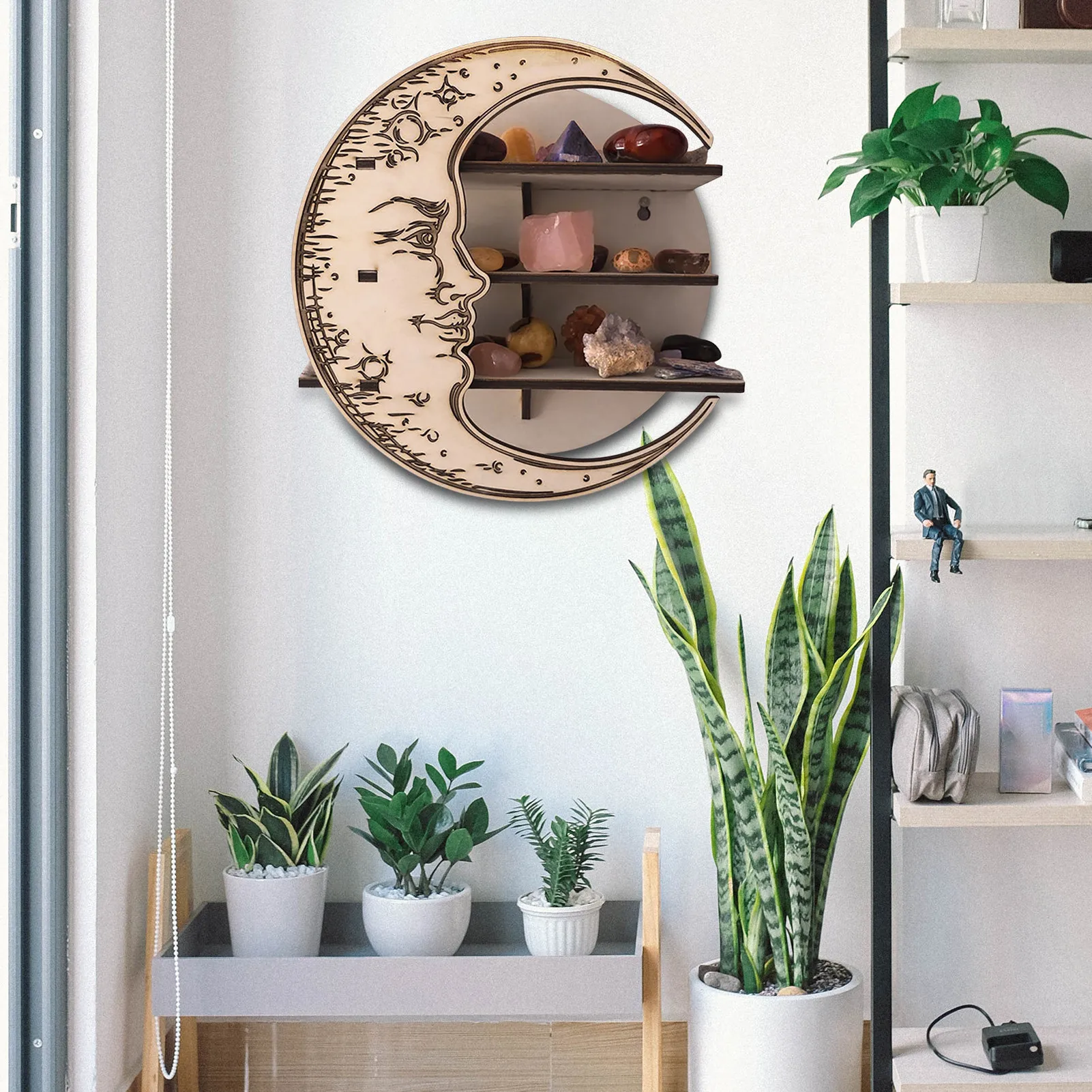 

Moon Shelf Wall Hanging Storage Rack Home Room Decor Shelf for Crystal Essential Oil Nursery Living Room Rustic Display Rack
