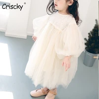 criscky girls dress summer 2022 o neck seventh sleeve lace tulle a line midi costume for girls fashion children clothes girl