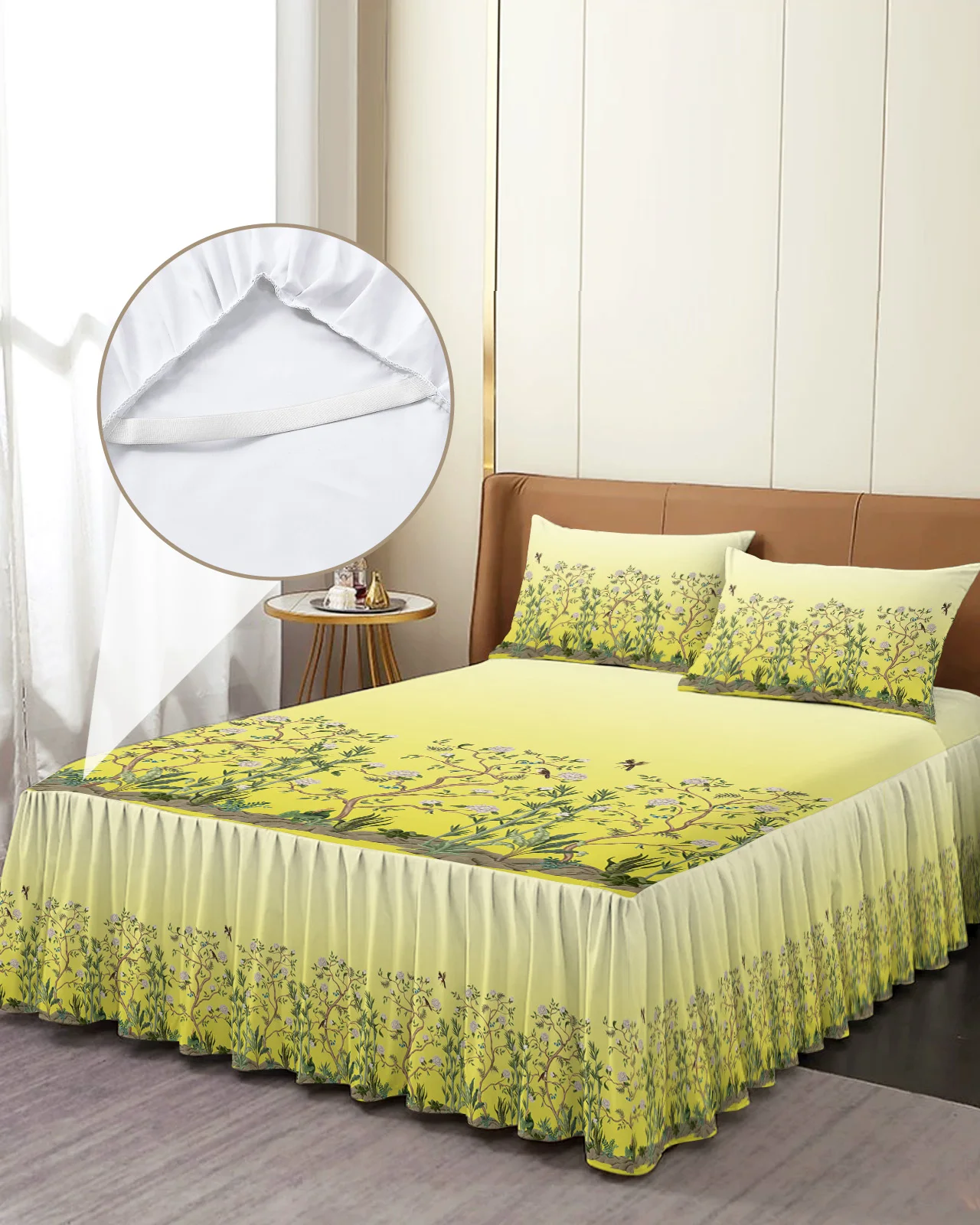 

Желтое постельное белье с градиентом цветов растений бамбука птицы наматрасник с наволочками Комплект постельного белья простыня