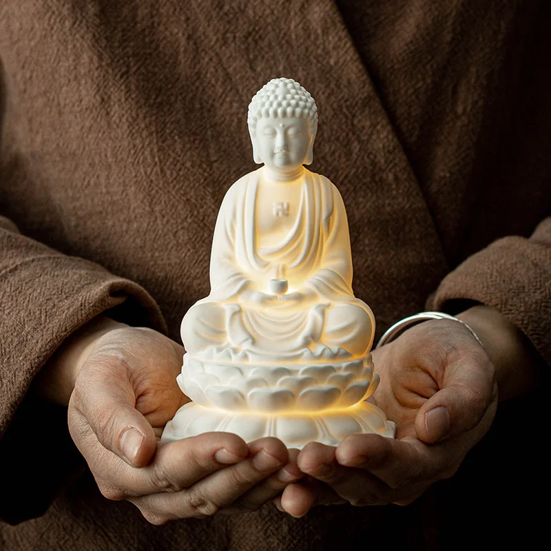 

CeramicAvalokitesvara, Shakyamuni, Ksitigarbha Statue white porcelain material Built-in LED light Home Decoration Buddha Statue