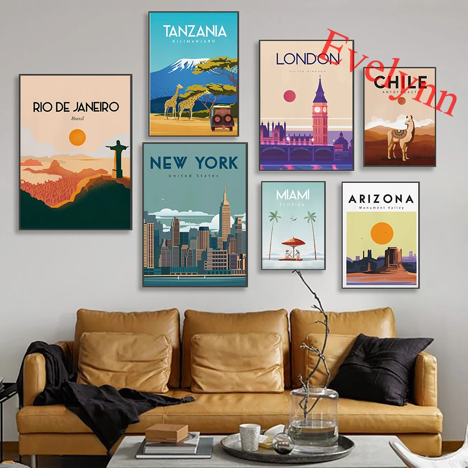 

Плакат путешествий из Вьетнама, Италии, Намибии, Нью-Йорка, Лондона, Чили, Аризоны, Канады, Танзании, Бразилии, Рио де-Жанейро, гвамалы, Гондур...