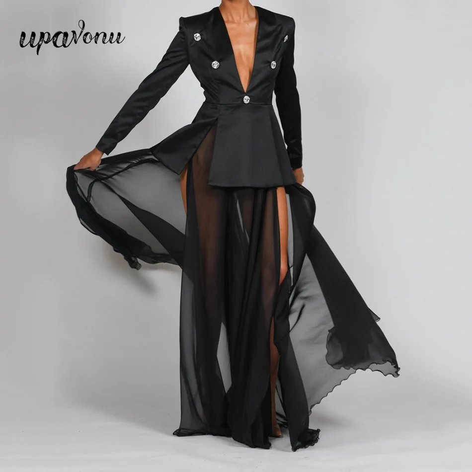 Free Shipping 2022 New High Street Women's Suit Sexy V-Neck Long Sleeve Diamond Button Blazer & Tulle Maxi Dress Set