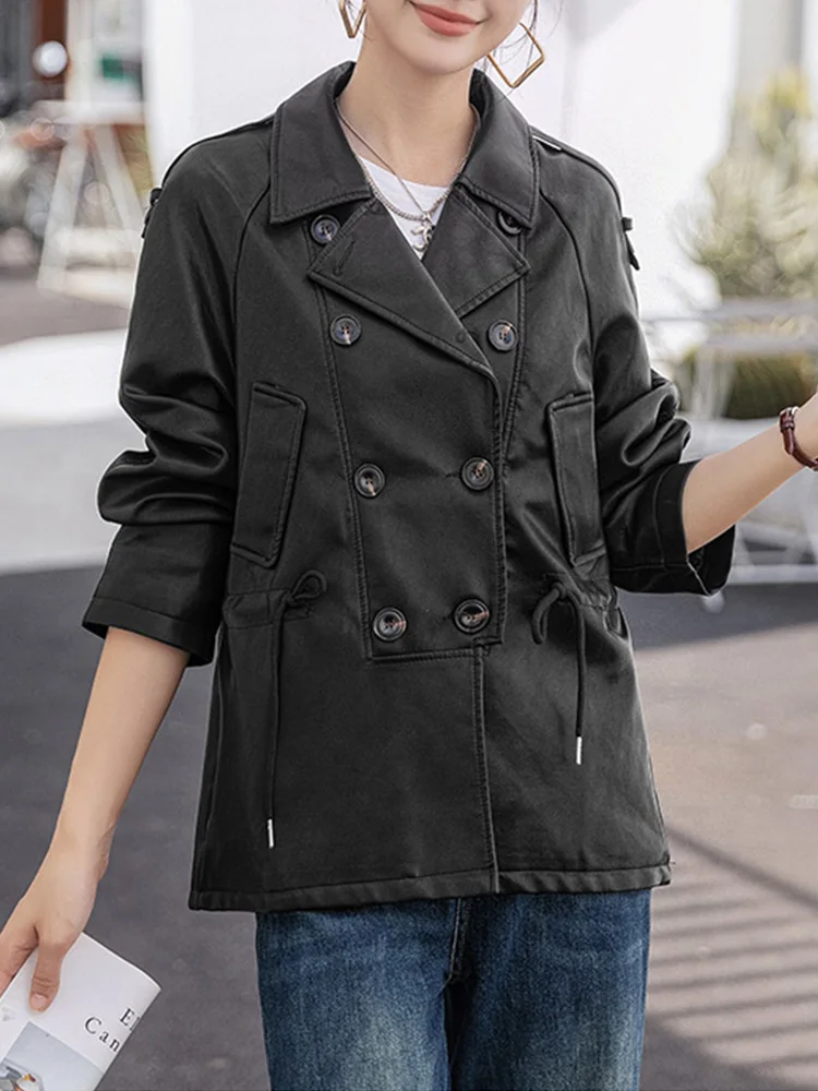 

Fitaylor/Новинка; Сезон весна-осень; Женская винтажная повседневная куртка из искусственной кожи с отворотом на завязках; Двубортная куртка из искусственной кожи