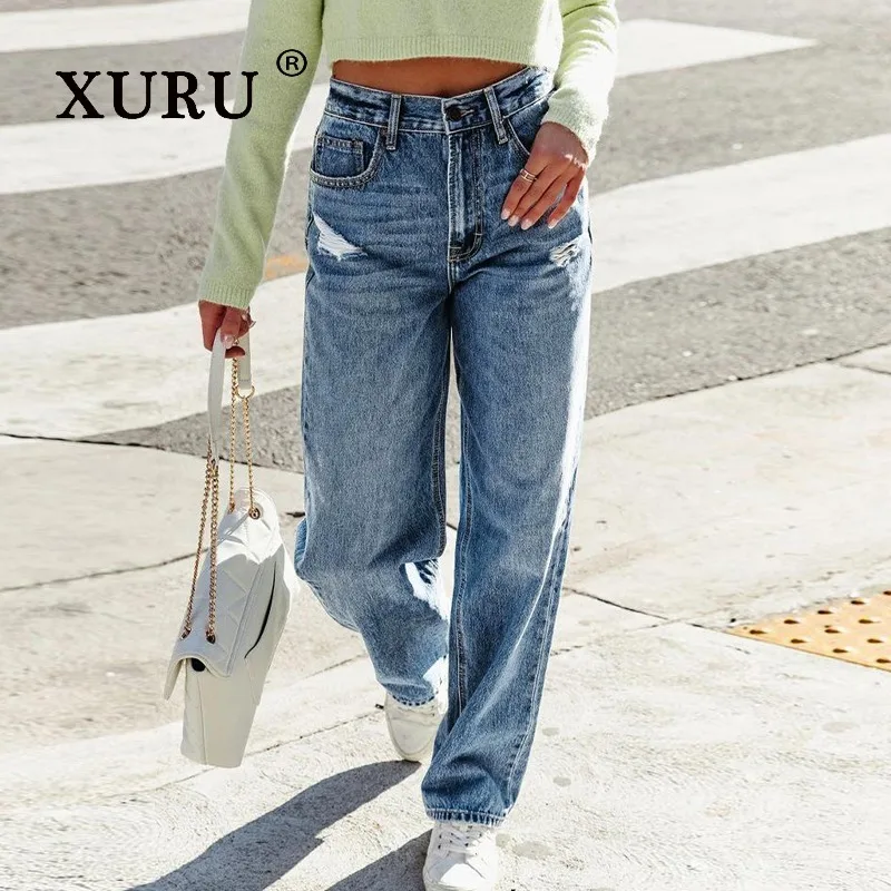 

Новые свободные прямые джинсы xulu в европейском и американском стиле, женская одежда, повседневные брюки стрейч, джинсы