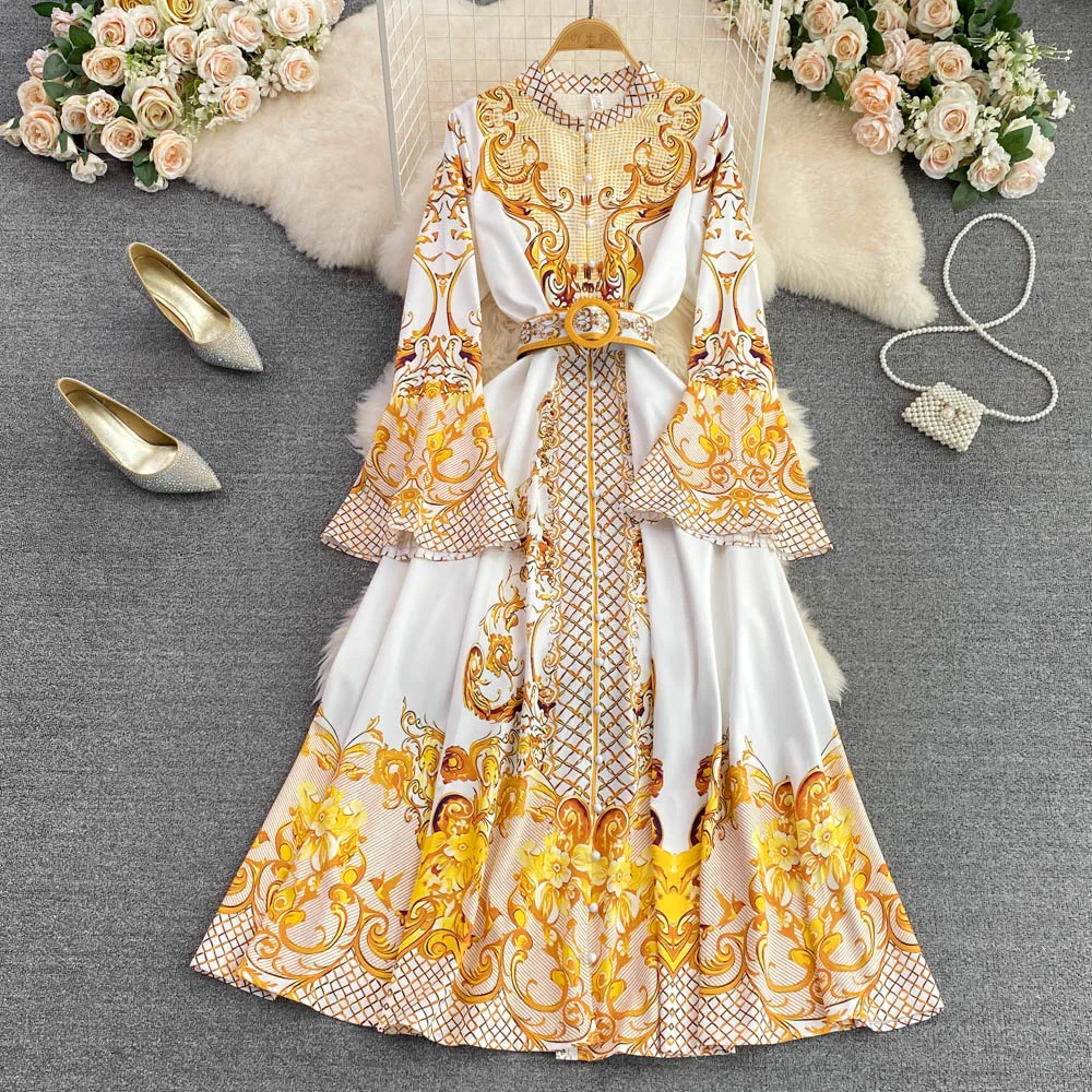 

Шифоновое однобортное платье с поясом и длинным рукавом, с цветочным принтом