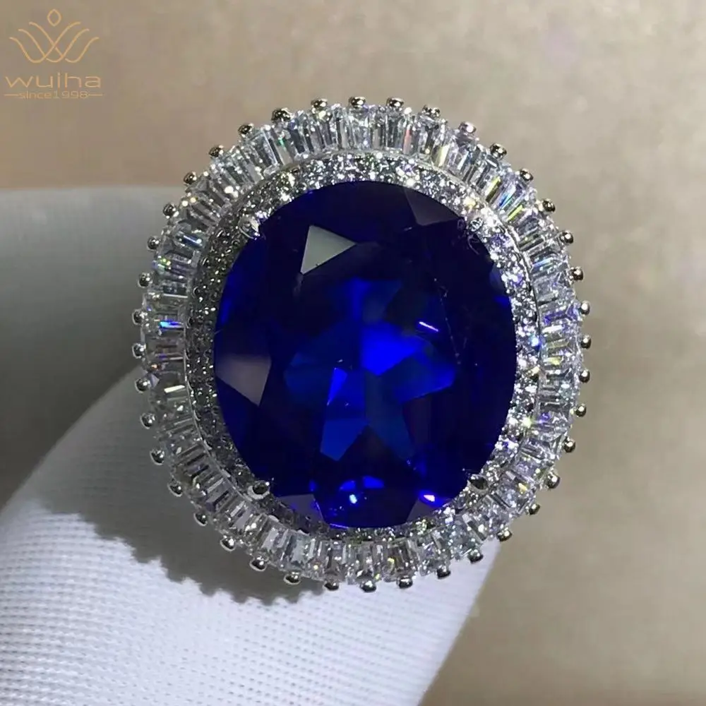 

WUIHA Real 925 Sterling Silver Oval 15CT Fancy Vivid Sapphire Created Moissanite Anniversary Ring for Women Gifts Drop Shipping