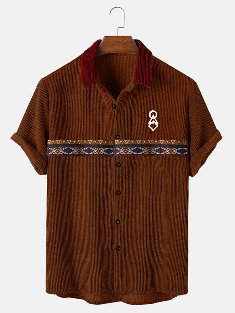 

ChArmkpR 2022 Summer Short Sleeve Men Shirts Geometric Pattern Patchwork Corduroy Casual Shirts Camisas Casual Chemises Tops