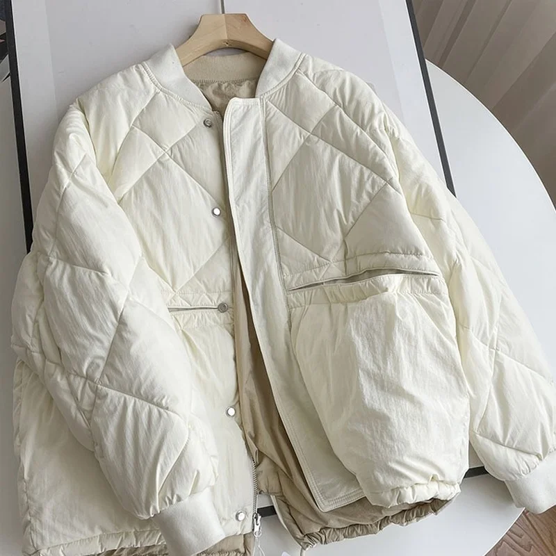 Women Winter Feather Uniform Coat Warmth Cropped Top Parka Loose Jacket Fashion Baseball Collar 2022 New