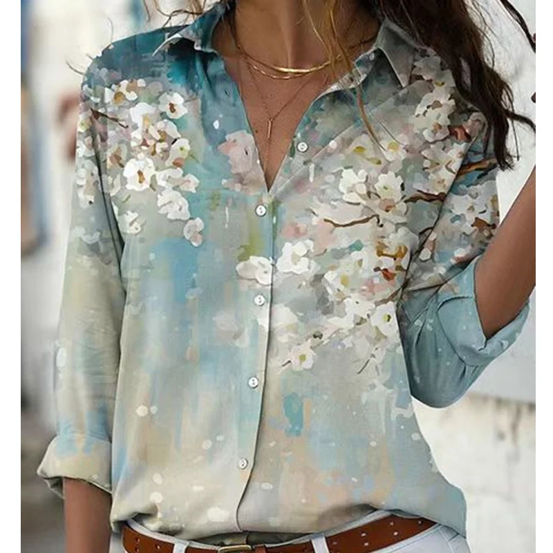 

Casual Loose Long Sleeve Shirt Turn Down Collar Tops Vintage Floral Printed Blouse Women Office Lady Light Blue Clothes 26267