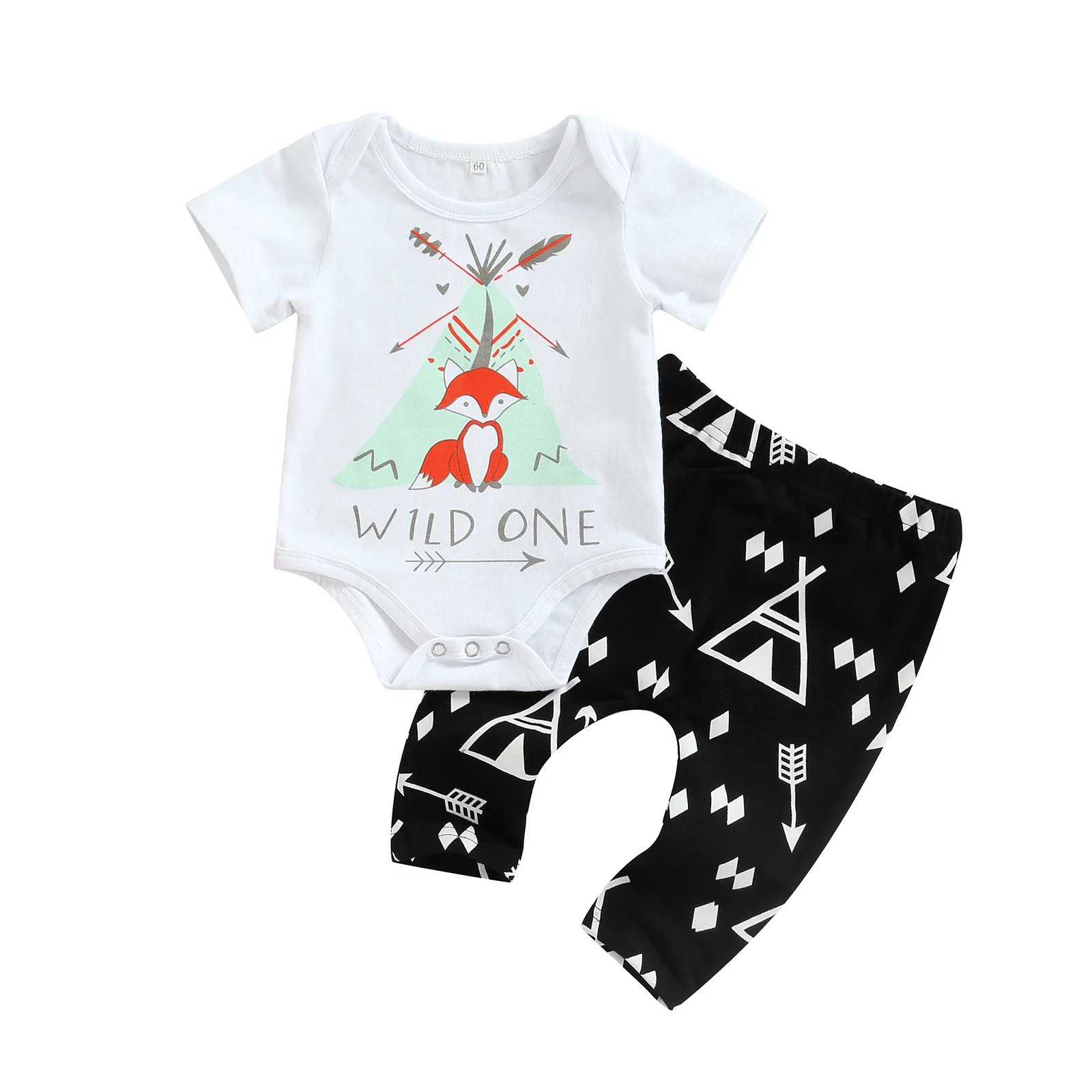 2022-02-10 Lioraitiin Newborn Boy Girl 2 Pcs Outfit Sets Cartoon Fox Print Short Sleeve Romper with Pattern Printed Pant Suits