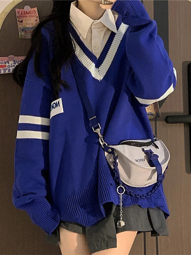 

Женские джемперы оверсайз с длинным рукавом Y2k в стиле преппи, корейские Модные Винтажные топы, милые свитера