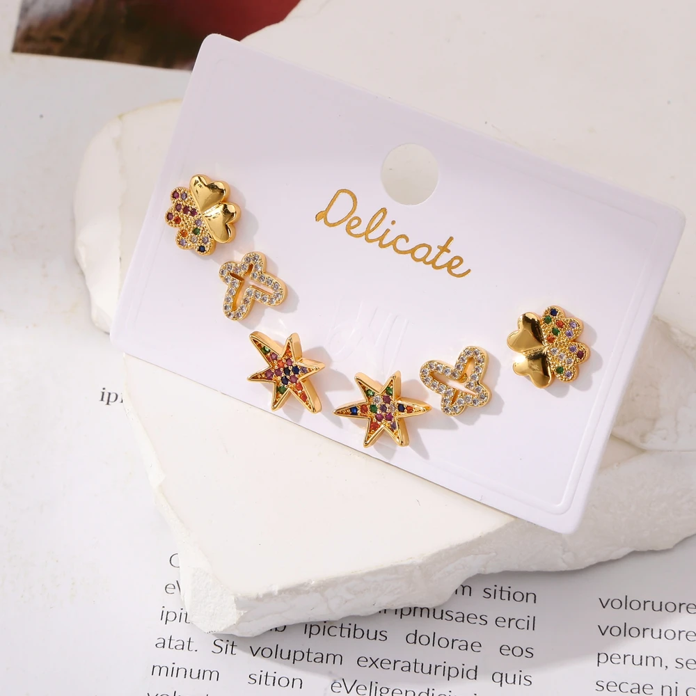 3 пары/комплект женские серьги-гвоздики с фианитами