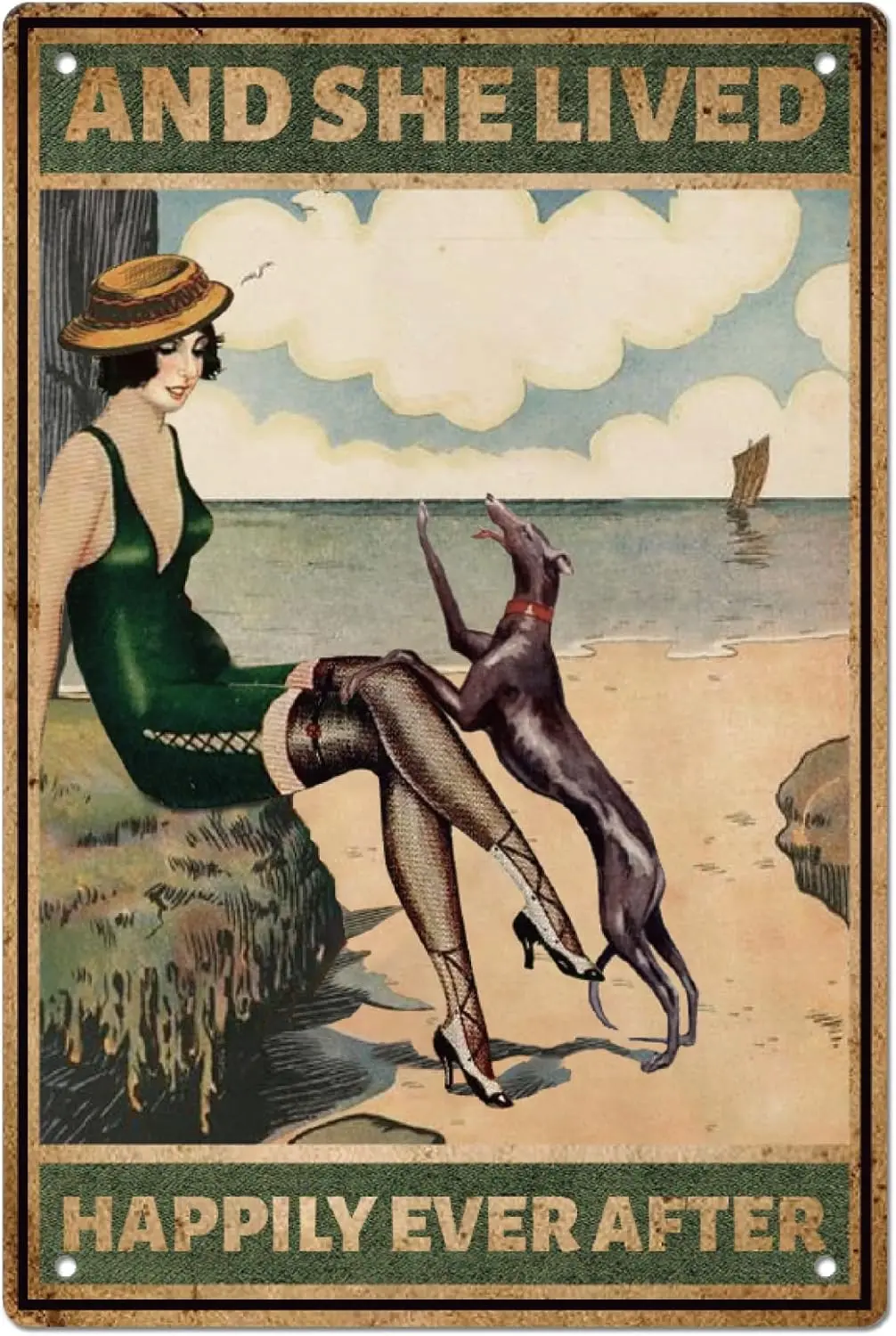 SUPERDANT Beach Girl Оловянная вывеска с собакой Винтажные металлические жестяные