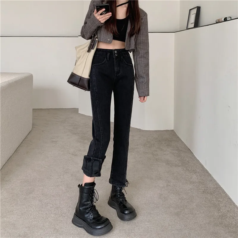 N2021  Straight-leg jeans women's new high-waisted slim cropped trousers jeans