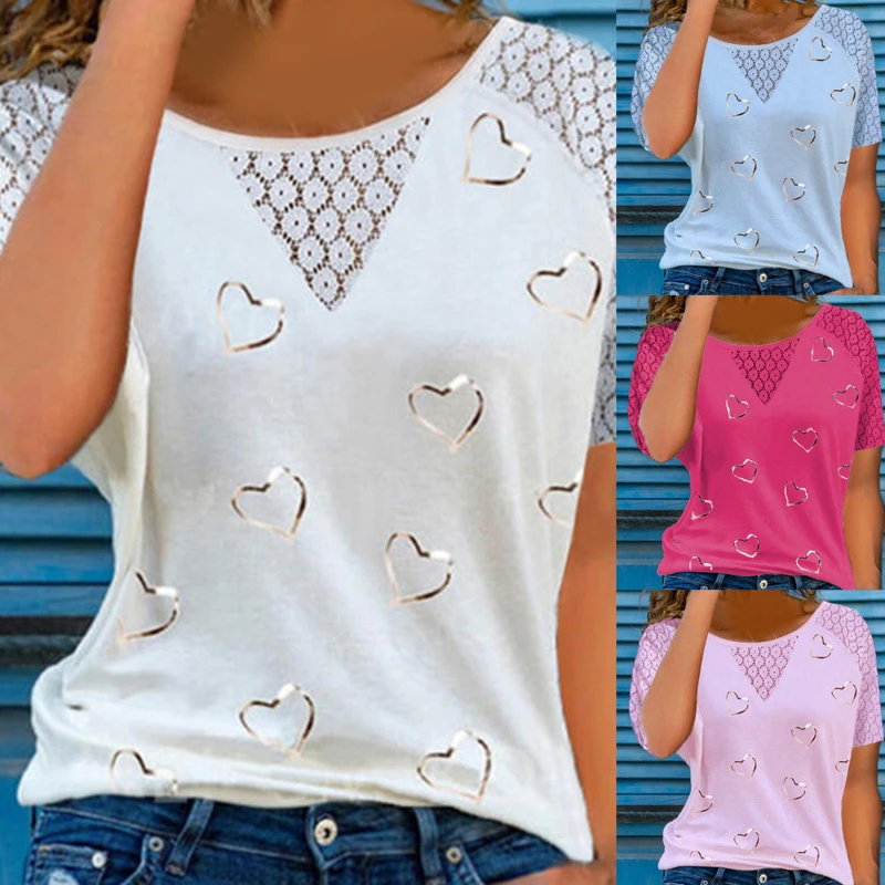 

New Fashion Summer Women's Casual Round Neck Tshirt Lace Hollow Stitching Short Sleeve Shirt Heart Print Top Lady Streewear