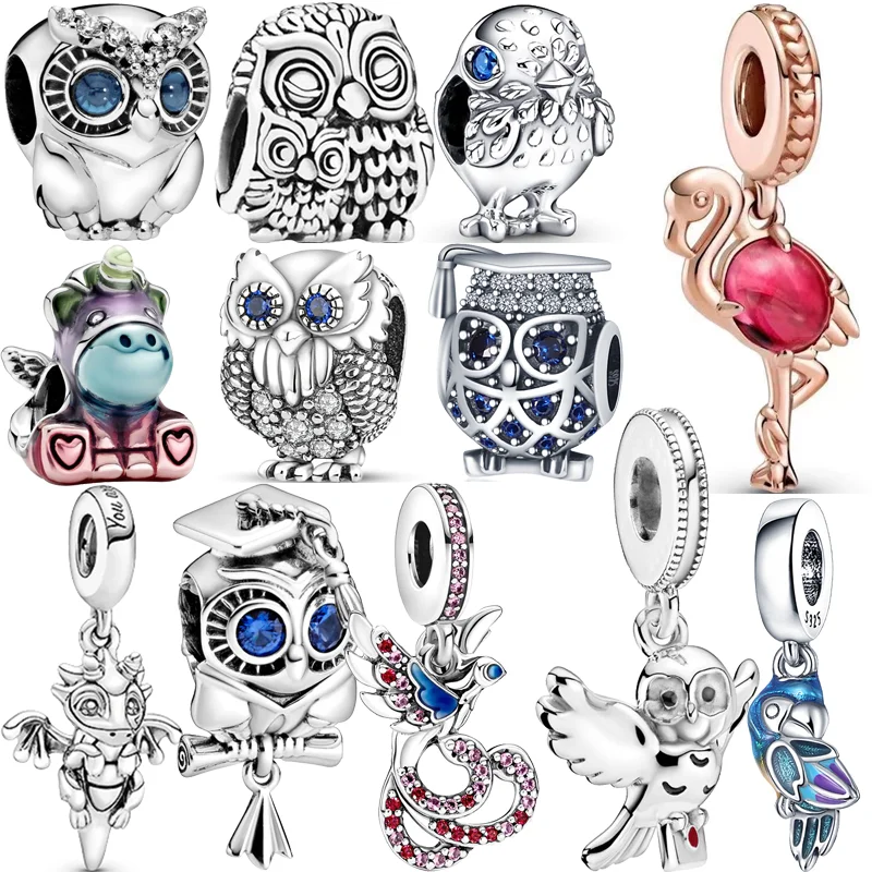 

925 Sterling Silver Owl Parrot Flamingo Unicorn Wings Fashion Charms Beads Fit Original Pandora Bracelet Bangles Women Jewelry