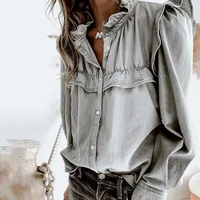 ruffles denim shirt women long sleeve button cute stand collar down tops autumn winter kawaii casual female jean blouse