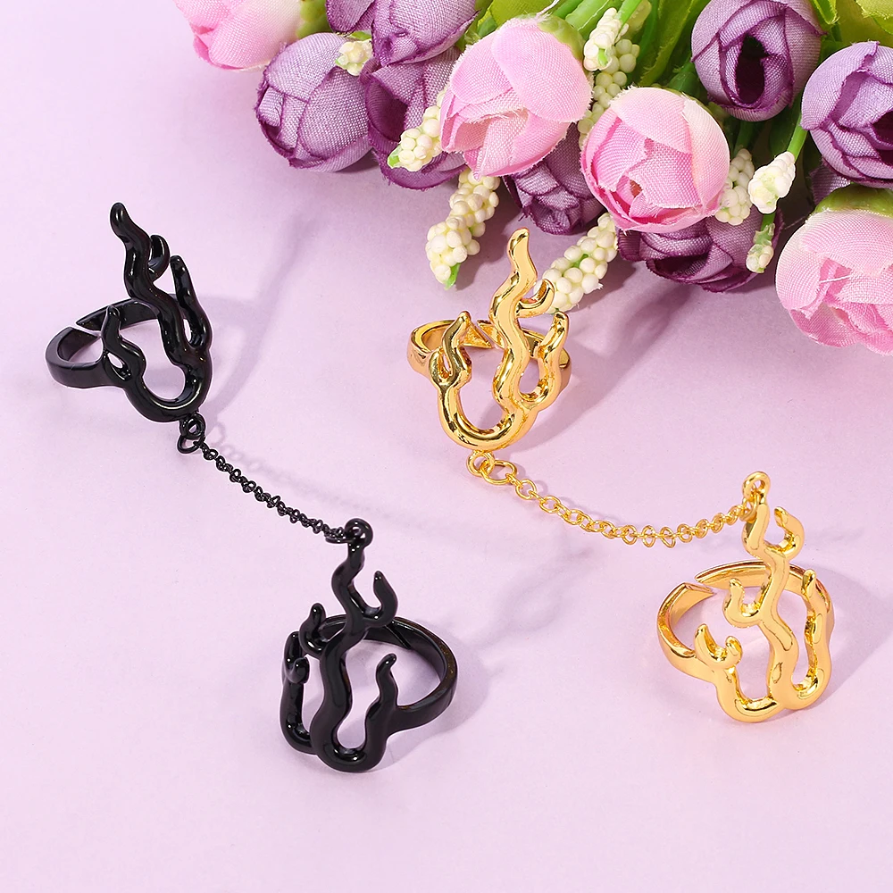 

Hip Hop Fashion Flame Chain Double Ring For Women Men Open Adjustable Finger Rings Street Style Cool Jewelry Party Accessories