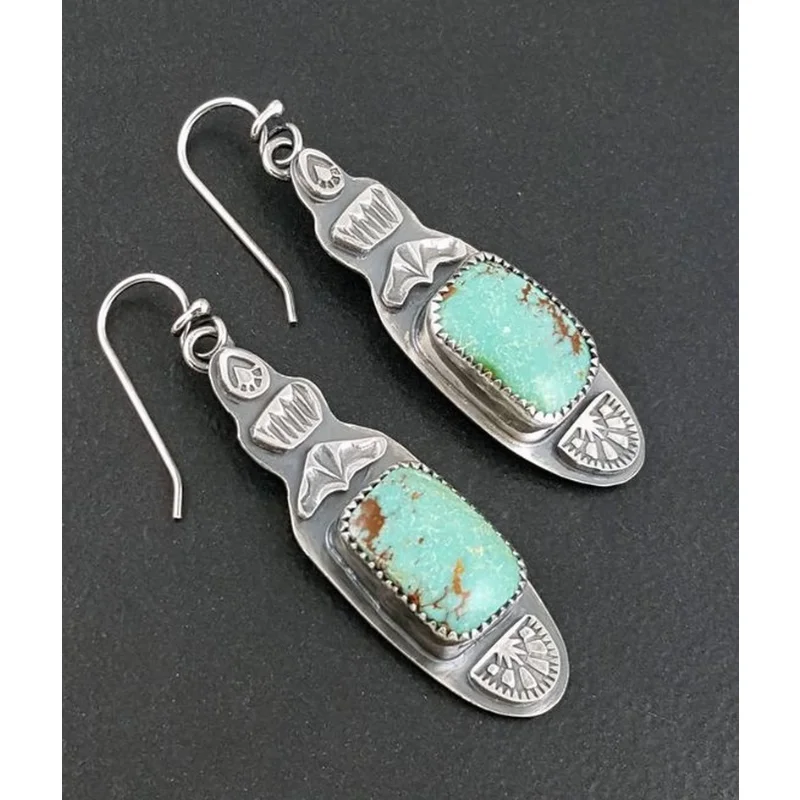 

Vintage Tibetan Green Stone Earring Silver Color Blue Stone Statement Dangle Earrings for Women Boho Jewelry