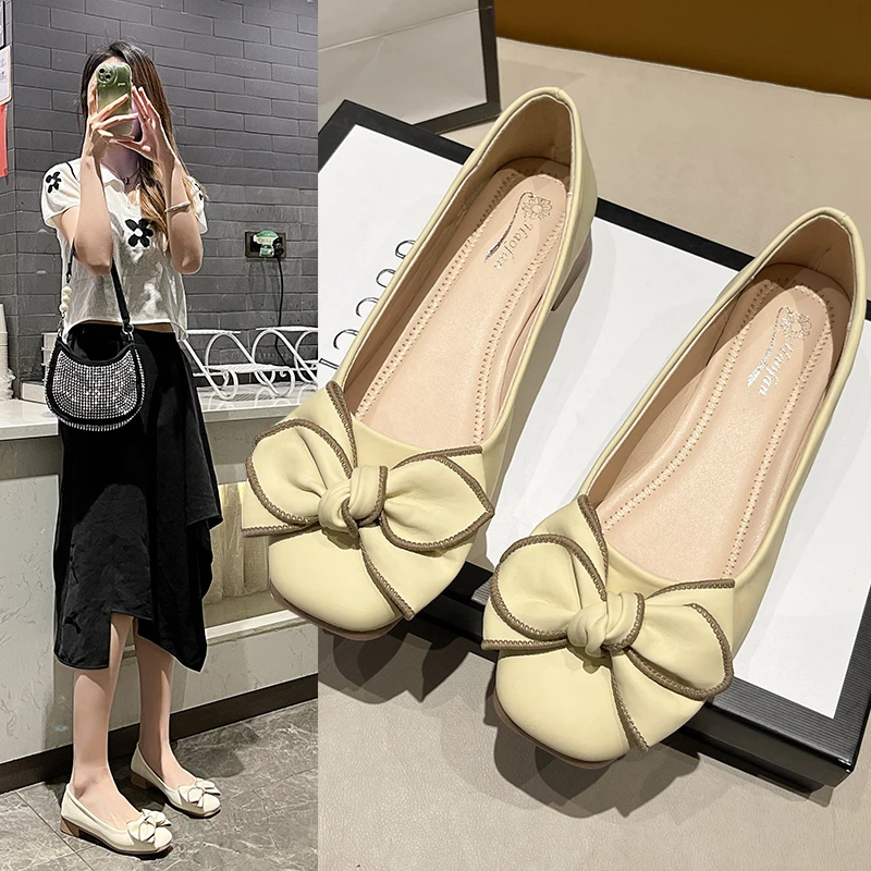 

Женская обувь 2023, Весенняя кожаная удобная обувь на плоской подошве, обувь для мам с мягкой подошвой и бантом