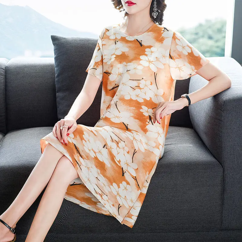

Women dress Summer round collar Korean print loose A word skirt 2021 new temperament OL large size slim pleated dress clothing