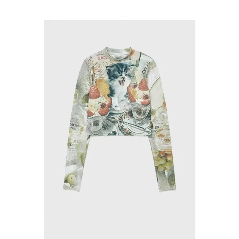 

Harajuku Pullover Slim Loose Sleeve T-shirt Casual Retro Cartoon Cat Print Top Autumn Streetwear Y2K