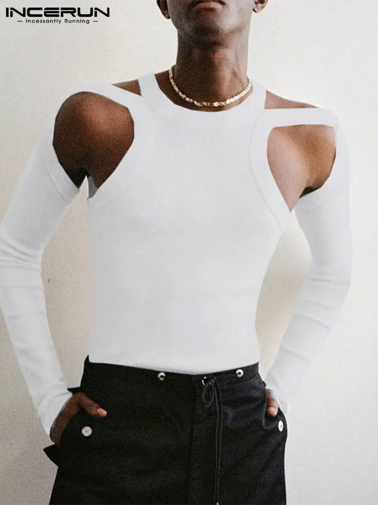

Sexy Comfortable New Men Shoulder Hollow Camiseta Solid All-match Simple Pit Strip Long Sleeve T-shirts S-5XL INCERUN Tops 2022