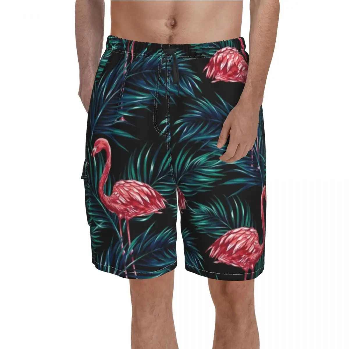 

Tropical Flamingo Birds Board Shorts Hot Sale Green Leaves Print Printing Board Short Pants Males Drawstring Swimming Trunks