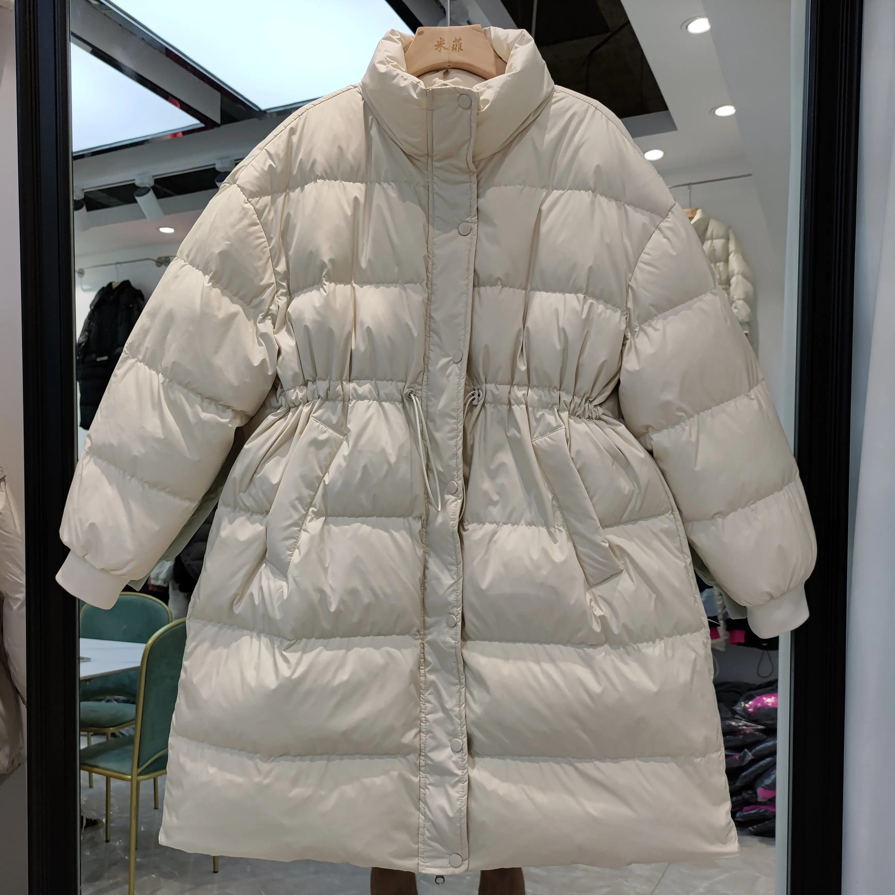 New Down Jacket Women's Stand Collar Korean Thick Drawstring Long Sleeve Solid Color Casual White Duck Down Coat F564