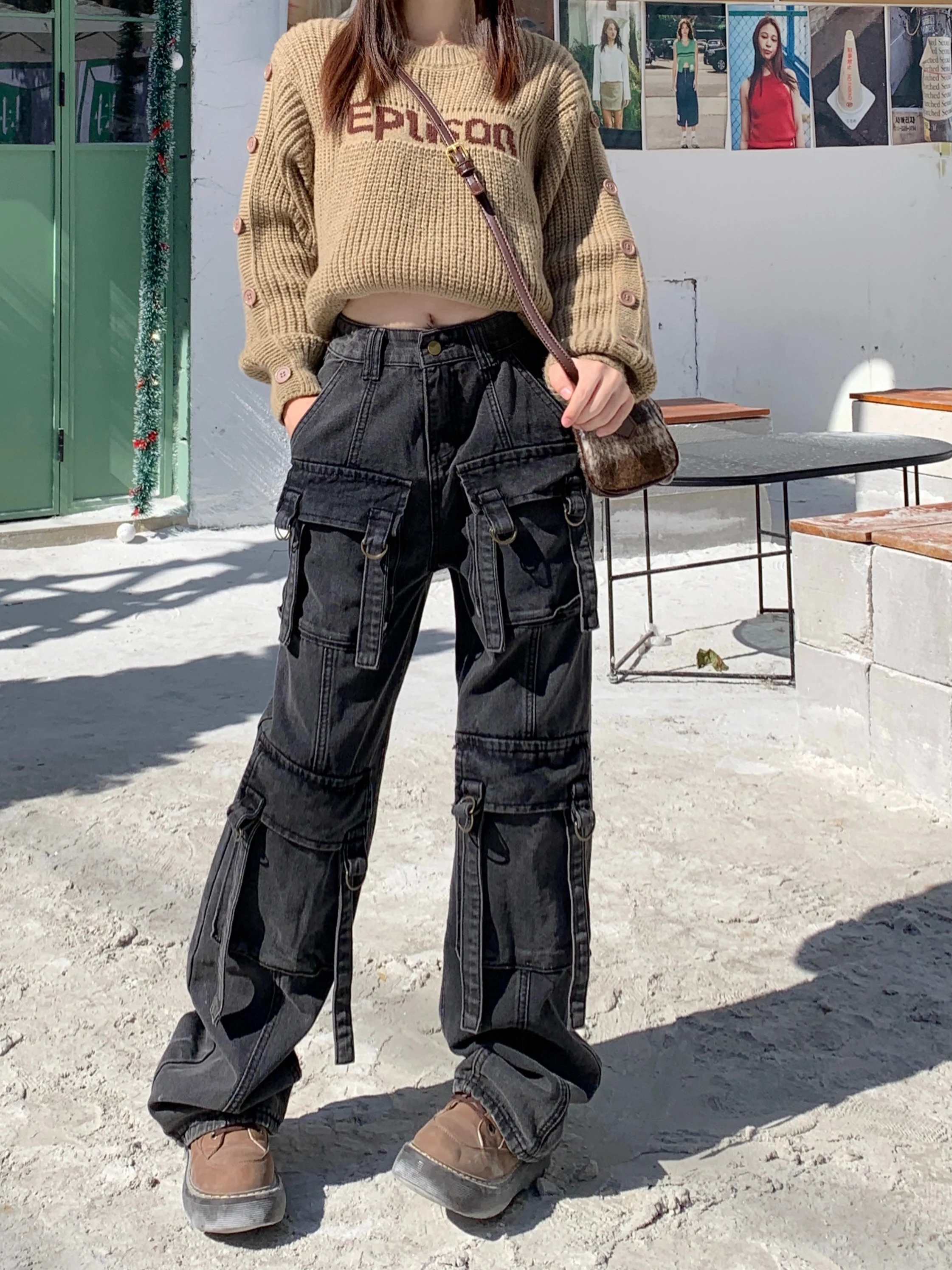 Женские Черные Готические джинсы-карго мешковатые джинсовые брюки большого