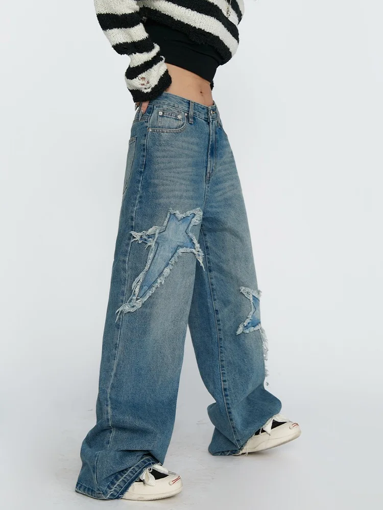 HOUZHOU Vintage Blue Star Jeans Women Baggy Grunge Y2k Denim Pants Gyaru Korean Streetwear Harajuku Wide Leg Distressed Jeans