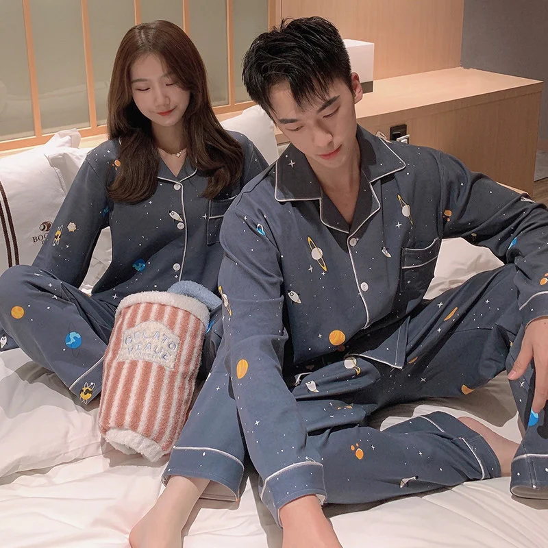 

2023 Couple Pajamas Set Homewear Spring Cartoon Starry Sky Long Sleeve Men And Women Pyjamas Lovers Sleepwear Home Clothing