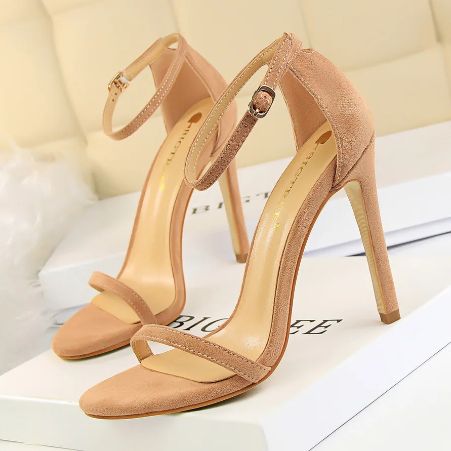 

Soft Flock Thin Heel Concise Women Sandals New Summer Peep Toe Fashion Buckle High Heels Shoes Women's Office Sandals 11cm