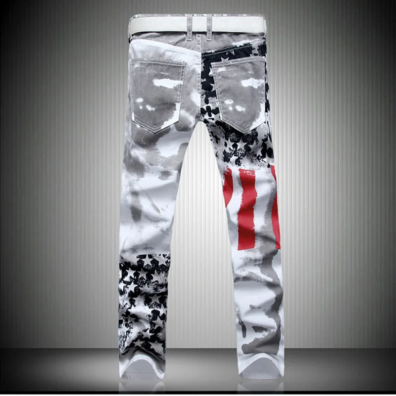 Men's White American Flag Printed Jeans High-elastic Slim Casual Five-pointed Star Red Strips Plus Size Trousers 41 42 43 44