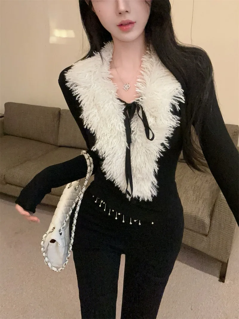 MiiiiX Ретро вязаная нижняя рубашка с меховым воротником на шнуровке женский свитер