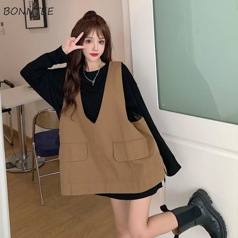 

Vests Women Safari Style Fashion Pure Color Femme Korean Version Baggy All-match Student Spring Fall Light Soft Trendy V-neck