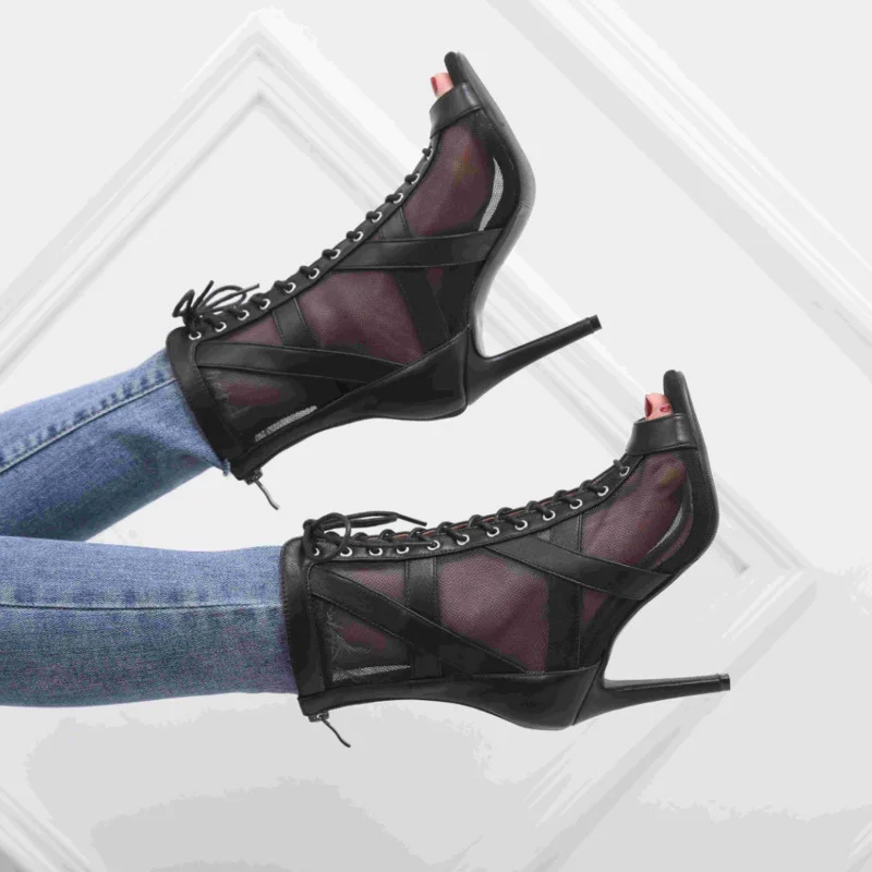 

Women Boots 2021 New Women Lace Latin Mesh High Heels Tango Dancing Boots Open Toes Soft Soles Lace-up Dance Shoes