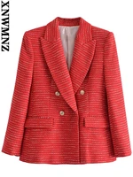 xnwmnz autumn 2021 women fashion double breasted tweed blazer coat vintage long sleeve flap pockets female outerwear chic veste